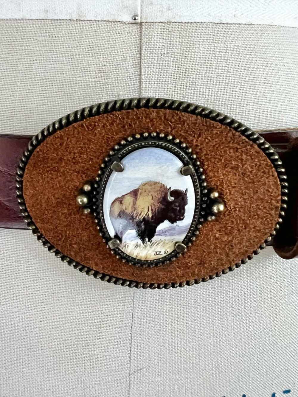 Western Style Buffalo Belt Buckle on a Genuine Brown Leather Belt